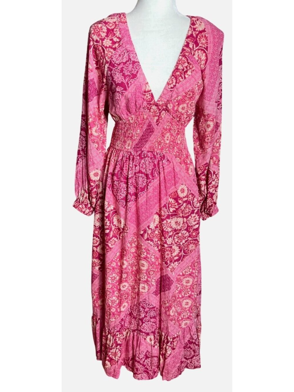 Japna Patchwork Dress Pink Rayon Boho Midi Tier Ruffle Smocking Pockets Wom S